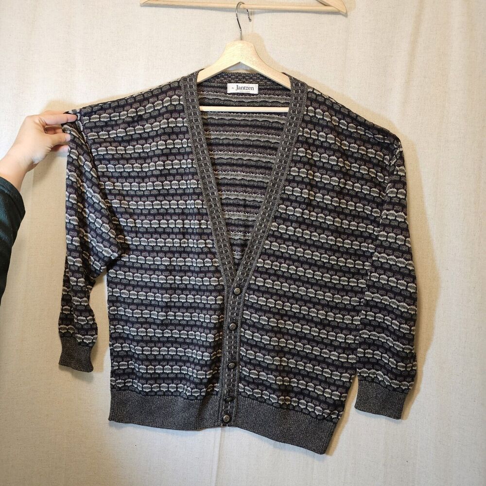 Vtg Jantzen Mens Cardigan Sweater Made in USA Grey Geometric Boxy Grandpa XL